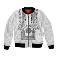 Philippines Barong Style Bomber Jacket with Polynesian Art and Leaf Motif Black-White Color