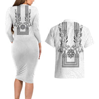 Philippines Barong Style Couples Matching Long Sleeve Bodycon Dress and Hawaiian Shirt with Polynesian Art and Leaf Motif Black-White Color LT03 - Polynesian Pride
