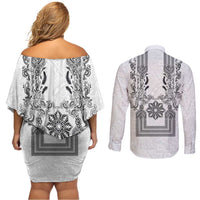 Philippines Barong Style Couples Matching Off Shoulder Short Dress and Long Sleeve Button Shirt with Polynesian Art and Leaf Motif Black-White Color