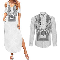 Philippines Barong Style Couples Matching Summer Maxi Dress and Long Sleeve Button Shirt with Polynesian Art and Leaf Motif Black-White Color