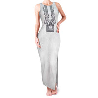 Philippines Barong Style Family Matching Tank Maxi Dress and Hawaiian Shirt with Polynesian Art and Leaf Motif Black-White Color LT03 Mom's Dress White - Polynesian Pride