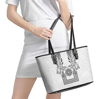 Philippines Barong Style Leather Tote Bag with Polynesian Art and Leaf Motif Black-White Color