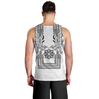 Philippines Barong Style Men Tank Top with Polynesian Art and Leaf Motif Black-White Color