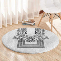 Philippines Barong Style Round Carpet with Polynesian Art and Leaf Motif Black-White Color