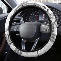 Philippines Barong Style Steering Wheel Cover with Polynesian Art and Leaf Motif Black-White Color