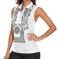 Philippines Barong Style Women Sleeveless Polo Shirt with Polynesian Art and Leaf Motif Black-White Color