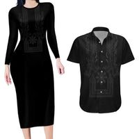 Philippines Barong Style Couples Matching Long Sleeve Bodycon Dress and Hawaiian Shirt with Polynesian Art and Leaf Motif Black Color LT03 Black - Polynesian Pride