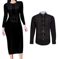 Philippines Barong Style Couples Matching Long Sleeve Bodycon Dress and Long Sleeve Button Shirt with Polynesian Art and Leaf Motif Black Color LT03 Black - Polynesian Pride