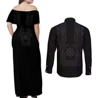 Philippines Barong Style Couples Matching Off Shoulder Maxi Dress and Long Sleeve Button Shirt with Polynesian Art and Leaf Motif Black Color