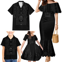 Philippines Barong Style Family Matching Mermaid Dress and Hawaiian Shirt with Polynesian Art and Leaf Motif Black Color LT03 - Polynesian Pride
