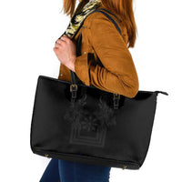 Philippines Barong Style Leather Tote Bag with Polynesian Art and Leaf Motif Black Color