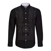 Philippines Barong Style Long Sleeve Button Shirt with Polynesian Art and Leaf Motif Black Color