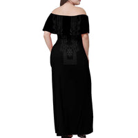 Philippines Barong Style Off Shoulder Maxi Dress with Polynesian Art and Leaf Motif Black Color