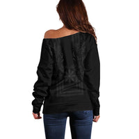 Philippines Barong Style Off Shoulder Sweater with Polynesian Art and Leaf Motif Black Color