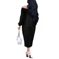 Philippines Barong Style Off The Shoulder Long Sleeve Dress with Polynesian Art and Leaf Motif Black Color