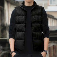 Philippines Barong Style Sleeveless Puffer Jacket with Polynesian Art and Leaf Motif Black Color
