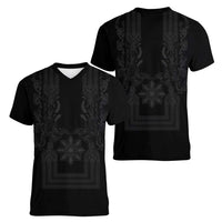 Philippines Barong Style Women V-Neck T-Shirt with Polynesian Art and Leaf Motif Black Color
