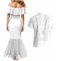 Philippines Barong Style Couples Matching Mermaid Dress and Hawaiian Shirt with Polynesian Art and Leaf Motif White Color LT03 - Polynesian Pride