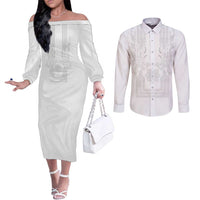 Philippines Barong Style Couples Matching Off The Shoulder Long Sleeve Dress and Long Sleeve Button Shirt with Polynesian Art and Leaf Motif White Color