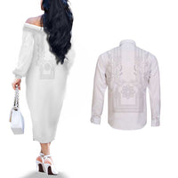 Philippines Barong Style Couples Matching Off The Shoulder Long Sleeve Dress and Long Sleeve Button Shirt with Polynesian Art and Leaf Motif White Color