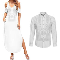 Philippines Barong Style Couples Matching Summer Maxi Dress and Long Sleeve Button Shirt with Polynesian Art and Leaf Motif White Color