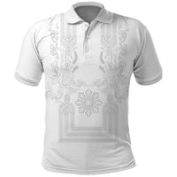 Philippines Barong Style Polo Shirt with Polynesian Art and Leaf Motif White Color