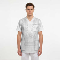 Philippines Barong Style Scrub Top with Polynesian Art and Leaf Motif White Color