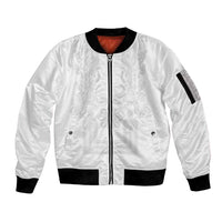 Philippines Barong Style Sleeve Zip Bomber Jacket with Polynesian Art and Leaf Motif White Color