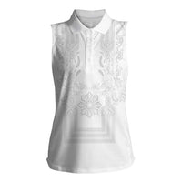 Philippines Barong Style Women Sleeveless Polo Shirt with Polynesian Art and Leaf Motif White Color