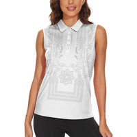 Philippines Barong Style Women Sleeveless Polo Shirt with Polynesian Art and Leaf Motif White Color