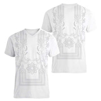 Philippines Barong Style Women V-Neck T-Shirt with Polynesian Art and Leaf Motif White Color