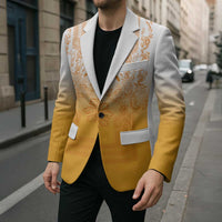 Philippines Barong Style Blazer with Polynesian Art and Leaf Motif Yellow Color