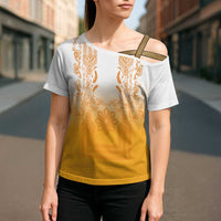Philippines Barong Style Cross Shoulder Shirt with Polynesian Art and Leaf Motif Yellow Color