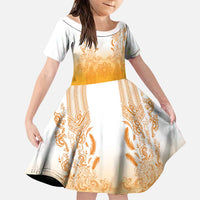 Philippines Barong Style Family Matching Off Shoulder Maxi Dress and Hawaiian Shirt with Polynesian Art and Leaf Motif Yellow Color LT03 Daughter's Dress Yellow - Polynesian Pride