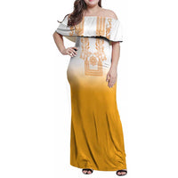 Philippines Barong Style Family Matching Off Shoulder Maxi Dress and Hawaiian Shirt with Polynesian Art and Leaf Motif Yellow Color LT03 Mom's Dress Yellow - Polynesian Pride