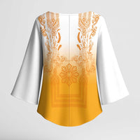 Philippines Barong Style Kimono Sleeve Blouse with Polynesian Art and Leaf Motif Yellow Color