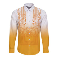 Philippines Barong Style Long Sleeve Button Shirt with Polynesian Art and Leaf Motif Yellow Color