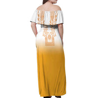 Philippines Barong Style Off Shoulder Maxi Dress with Polynesian Art and Leaf Motif Yellow Color