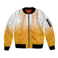 Philippines Barong Style Sleeve Zip Bomber Jacket with Polynesian Art and Leaf Motif Yellow Color