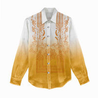 Philippines Barong Style Women Casual Shirt with Polynesian Art and Leaf Motif Yellow Color