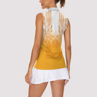 Philippines Barong Style Women Sleeveless Polo Shirt with Polynesian Art and Leaf Motif Yellow Color