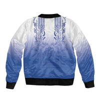 Philippines Barong Style Bomber Jacket with Polynesian Art and Leaf Motif Blue Color