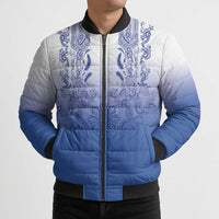 Philippines Barong Style Bomber Puffer Jacket with Polynesian Art and Leaf Motif Blue Color