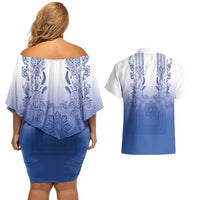 Philippines Barong Style Couples Matching Off Shoulder Short Dress and Hawaiian Shirt with Polynesian Art and Leaf Motif Blue Color