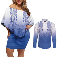 Philippines Barong Style Couples Matching Off Shoulder Short Dress and Long Sleeve Button Shirt with Polynesian Art and Leaf Motif Blue Color