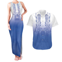 Philippines Barong Style Couples Matching Tank Maxi Dress and Hawaiian Shirt with Polynesian Art and Leaf Motif Blue Color LT03 Blue - Polynesian Pride