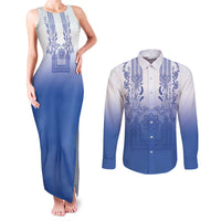 Philippines Barong Style Couples Matching Tank Maxi Dress and Long Sleeve Button Shirt with Polynesian Art and Leaf Motif Blue Color