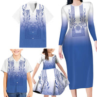 Philippines Barong Style Family Matching Long Sleeve Bodycon Dress and Hawaiian Shirt with Polynesian Art and Leaf Motif Blue Color LT03 - Polynesian Pride