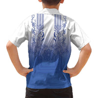 Philippines Barong Style Family Matching Off Shoulder Short Dress and Hawaiian Shirt with Polynesian Art and Leaf Motif Blue Color LT03 - Polynesian Pride