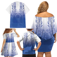 Philippines Barong Style Family Matching Off Shoulder Short Dress and Hawaiian Shirt with Polynesian Art and Leaf Motif Blue Color LT03 - Polynesian Pride